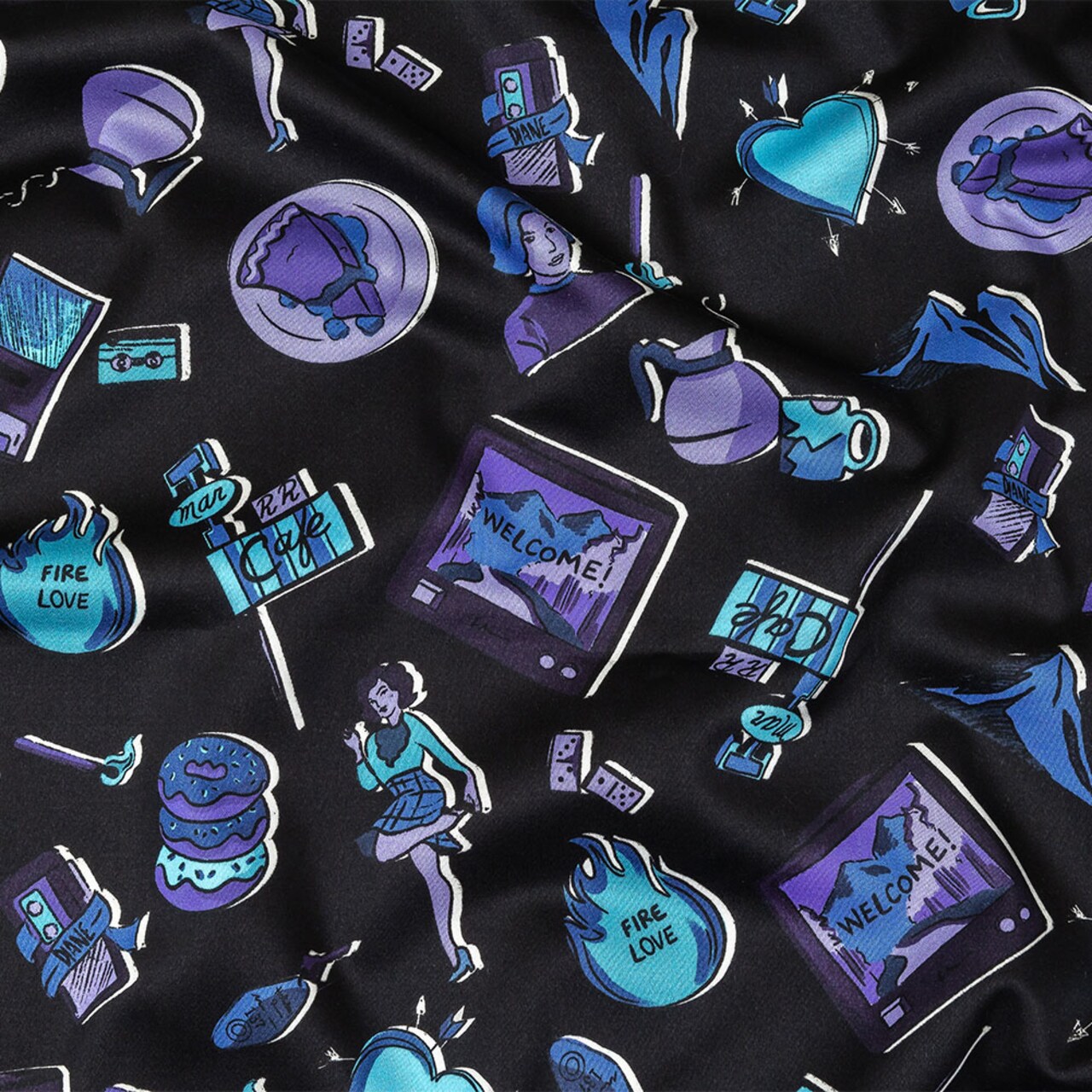 1 Yard Purple and Blue Iconic Symbols Live at Sun Studio Print Stretch Cotton Sateen Fabric